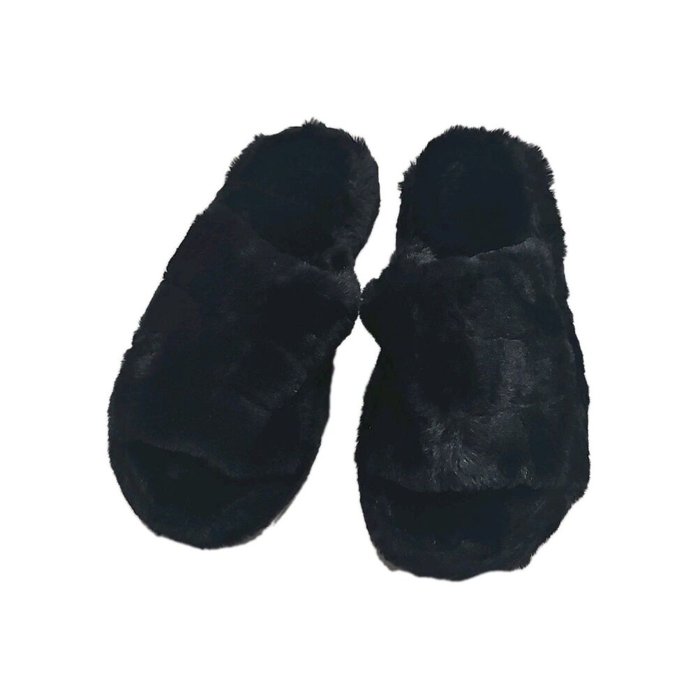 TOEDNNQI Black Faux Fur Slide Slippers Fur Trim Women's Size 8